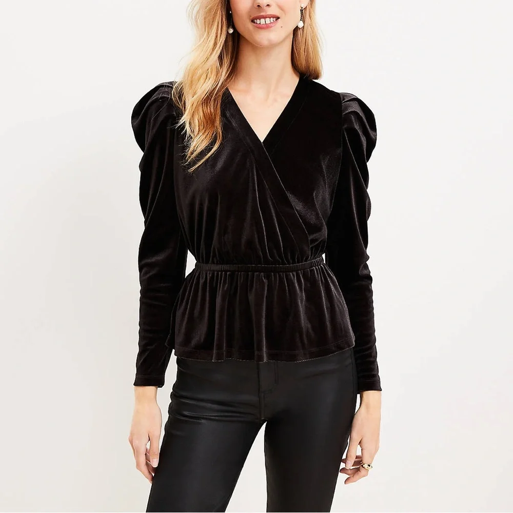 NWT LOFT | Velour Wrap Top Puff Sleeve Solid Black Size Medium
